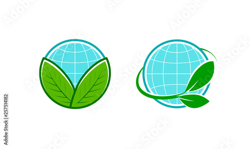 Green leafs and globe logo. Eco, natural, organic icon or symbol. Vector illustration