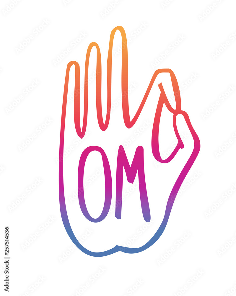 Vector illustration of a hand in a buddhist gesture with Om. Freehand icon for meditation, yoga, esoteric, spiritual concept or logo design. Hand drawn element with vivid lines. 