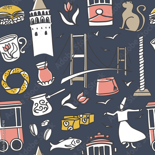 Vector seamless pattern Istanbul landmarks. Cute hand drawn doodles of turkish symbols on dark blue background. Modern clear line design for touristic print, backdrop, wrapping paper or wallpaper. 