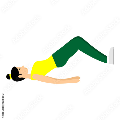 Young girl doing exercises or aerobic in the gym. Arms, legs and butt training for women. Fitness exercises for strong and beautiful body. Vector women icon of gym  isolated on white background.  