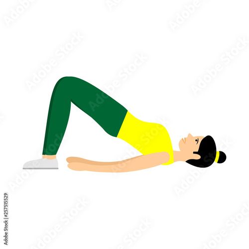Young girl doing exercises or aerobic in the gym. Arms, legs and butt training for women. Fitness exercises for strong and beautiful body. Vector women icon of gym  isolated on white background.  