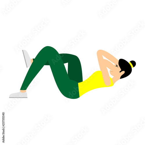 Young girl doing exercises or aerobic in the gym. Arms, legs and butt training for women. Fitness exercises for strong and beautiful body. Vector women icon of gym  isolated on white background.  