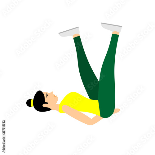 Young girl doing exercises or aerobic in the gym. Arms, legs and butt training for women. Fitness exercises for strong and beautiful body. Vector women icon of gym  isolated on white background.  