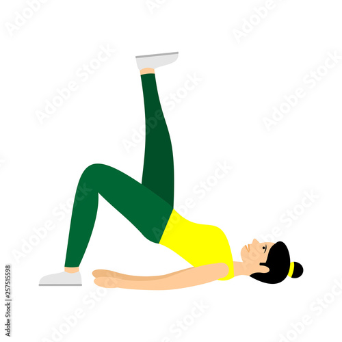 Young girl doing exercises or aerobic in the gym. Arms, legs and butt training for women. Fitness exercises for strong and beautiful body. Vector women icon of gym  isolated on white background.  