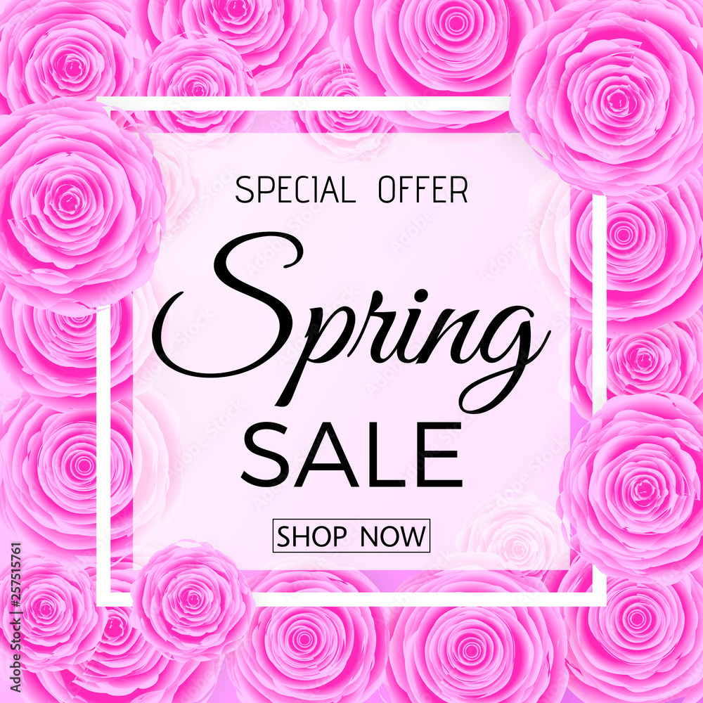 Spring sale banner. Spring Sale phrase on background with many pink rose.