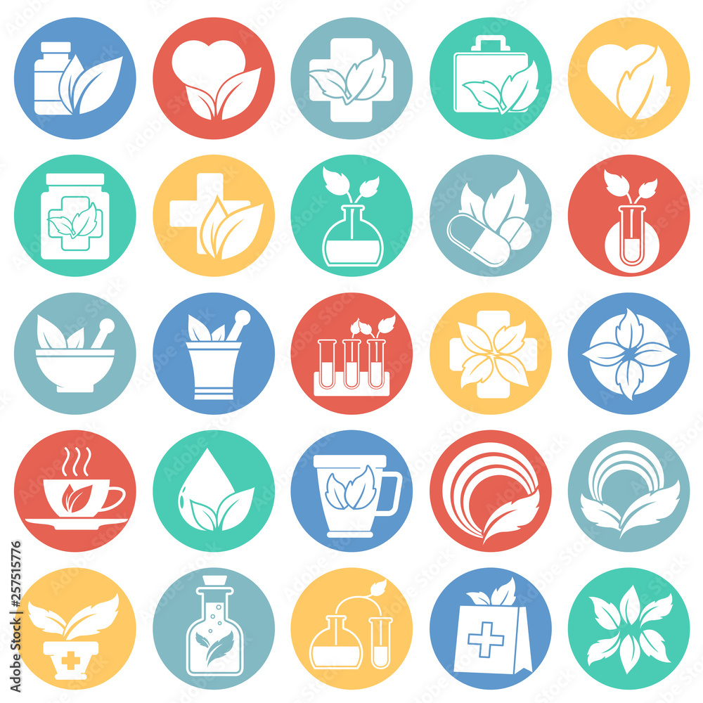 Fototapeta premium Phytoterapy icons set on color circles white background for graphic and web design. Simple vector sign. Internet concept symbol for website button or mobile app.
