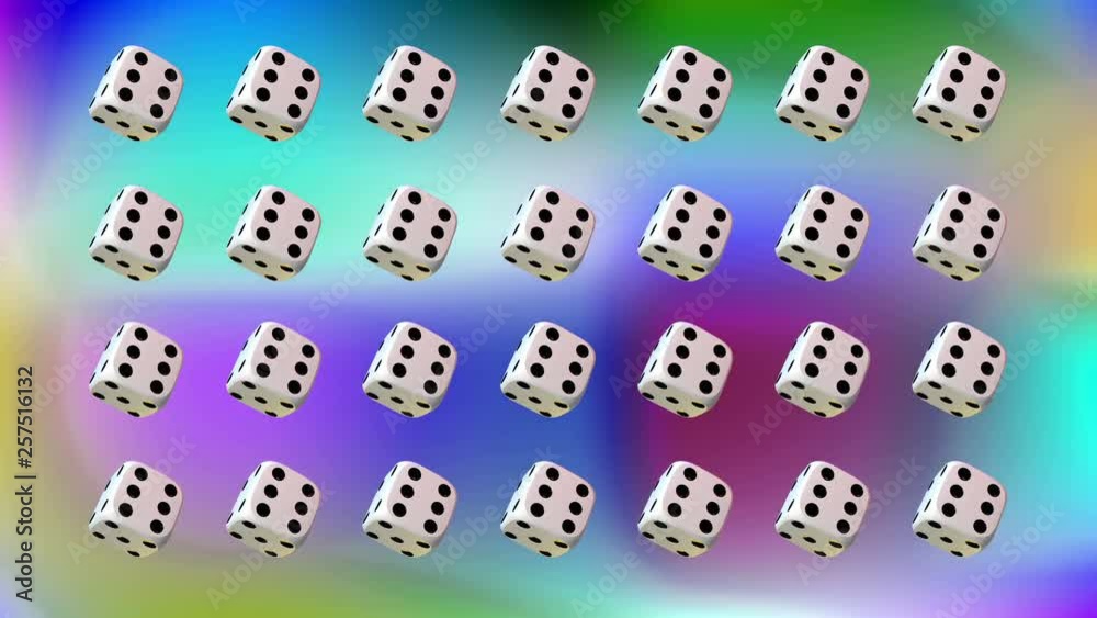 28 white playing dice, rotating on a gradient background of many colors. 28 white playing dice, rotating on a gradient background of many colors.
