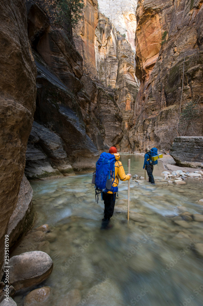 Couple hiking through The Narrows of Zion National Park, Utah, USA Couple hiking through The Narrows of Zion National Park, Utah, USA