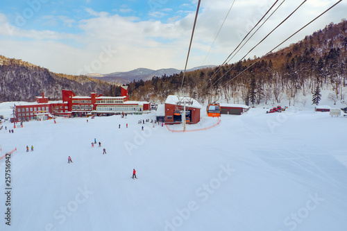 Cable car sky on snow mountain at Sapporo Kokusai, Hokkaido, japan.