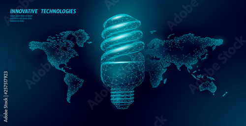 Compact fluorescent lamp energy saving concept. Polygonal low poly world planet globe map. Eco save ecology environment green energy power concept banner vector illustration
