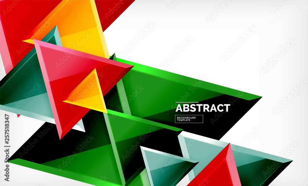 Triangles repetiton geometric abstract background, multicolored glossy triangular shapes, hi-tech poster cover design or web presentation template with copy space