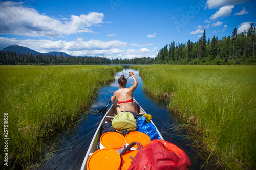 A young woman canoes through a narrow channel in Bowron Lake Provincial Park photo