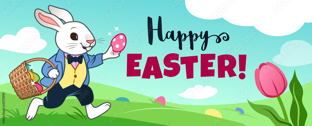 Easter bunny rabbit running in field, carrying basket full of candy eggs, eggs hidden in grass, blue sky with clouds in background, text 