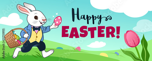 Easter bunny rabbit running in field, carrying basket full of candy eggs, eggs hidden in grass, blue sky with clouds in background, text "Happy Easter", tulip flower. Easter, spring, egg hunt theme.