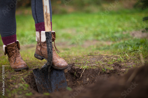 Person digging hole in garden