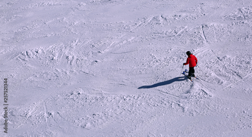 skier in the slope with snow with red clothing