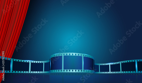 Film strip frame behind Red Curtains. Vector cinema festival poster, banner or flyer background. Art design reel cinema filmstrip template. Movie time and entertainment concept. Vector illustration.
