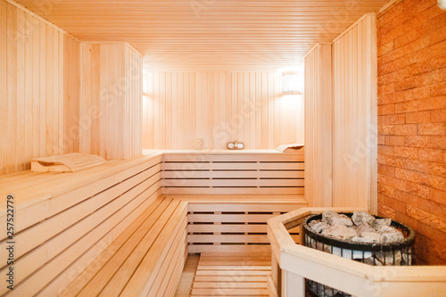 Sauna room with traditional sauna accessories