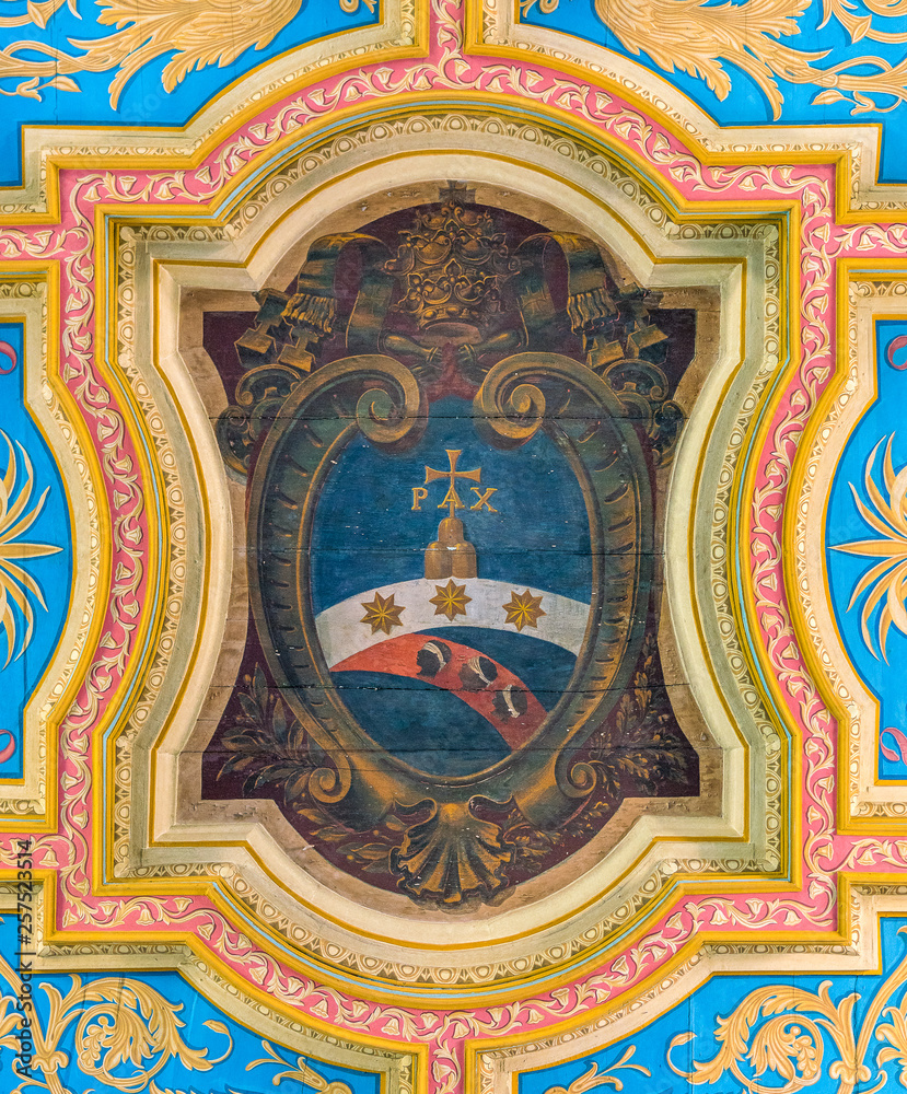 Pope Pius VII coat of arms in the ceiling of the Basilica of Sant'Anastasia near the Palatine in Rome, Italy.