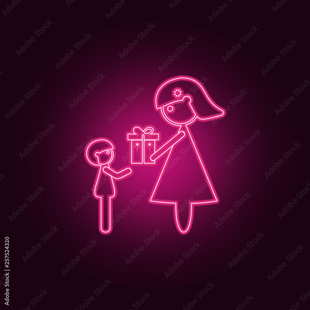 mother gives a gift to her son icon. Elements of Family in neon style icons. Simple icon for websites, web design, mobile app, info graphics mother gives a gift to her son icon. Elements of Family in neon style icons. Simple icon for websites, web design, mobile app, info graphics