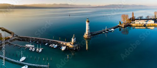 Aerial Panoramic view of Lindau Harbour and the Austrian Alps, Lake Constance photo