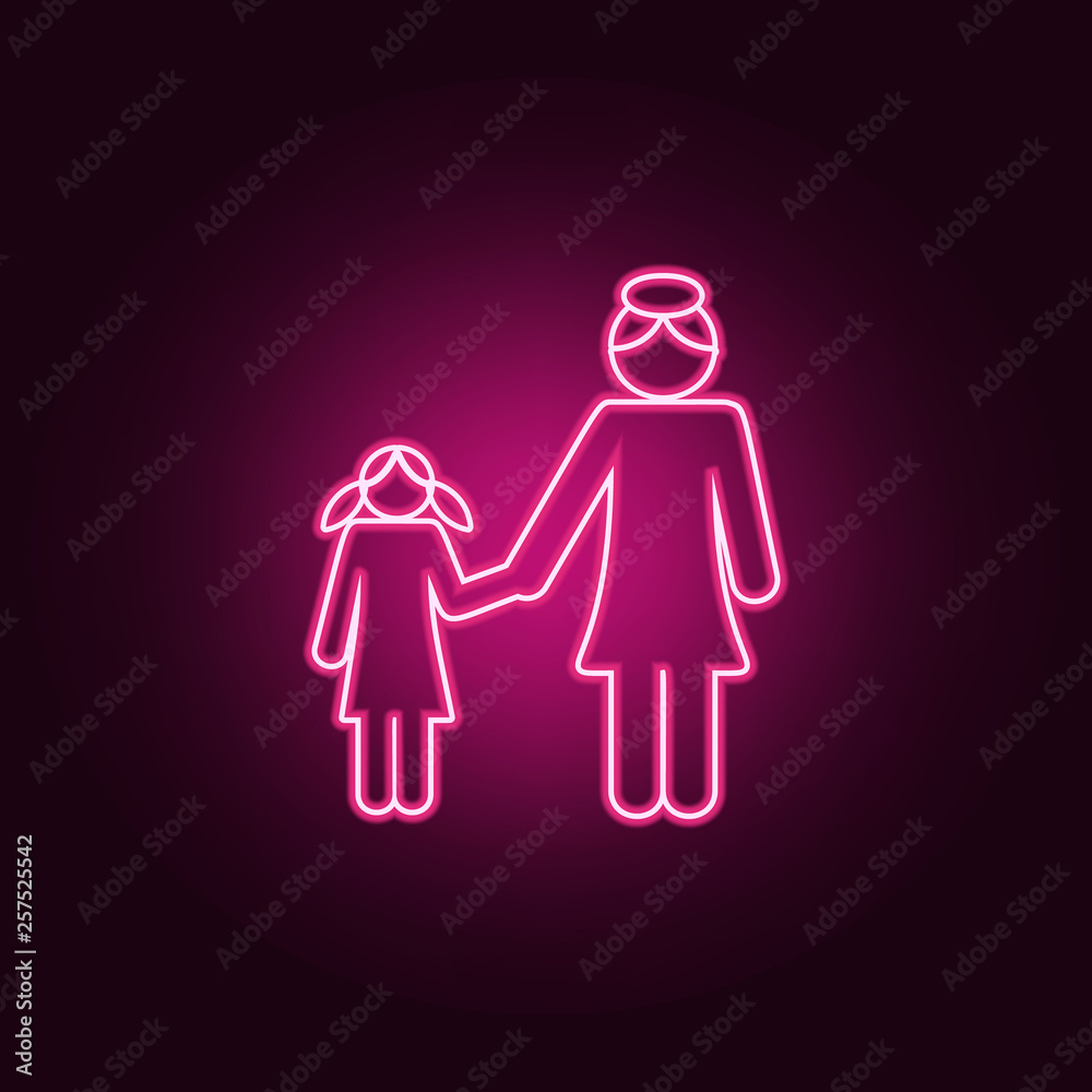 mother and daughter holding hands icon. Elements of Family in neon
