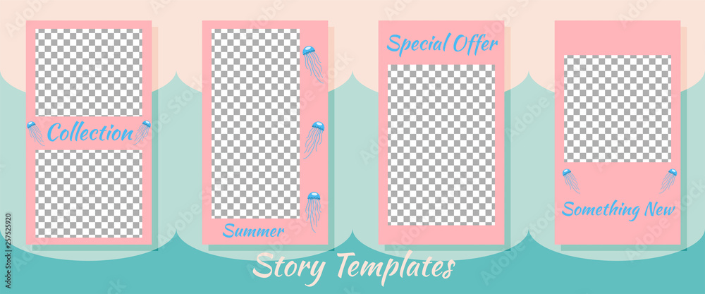 A set of minimalist social media story templates. Frame. Package to create your unique content. Templates for stories. Summer sea pattern