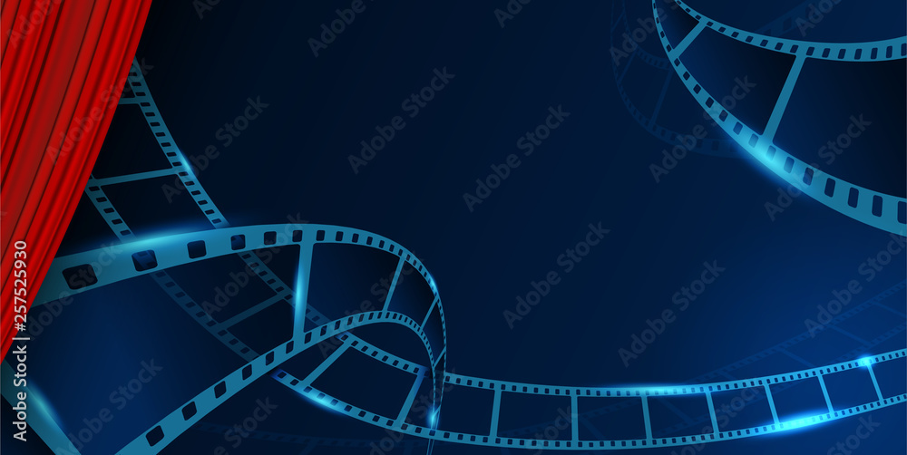 Collection film strip frame behind red curtain. Cinema festival poster, banner or flyer background. Creative vector illustration of old film strip frame. Movie time and entertainment concept.
