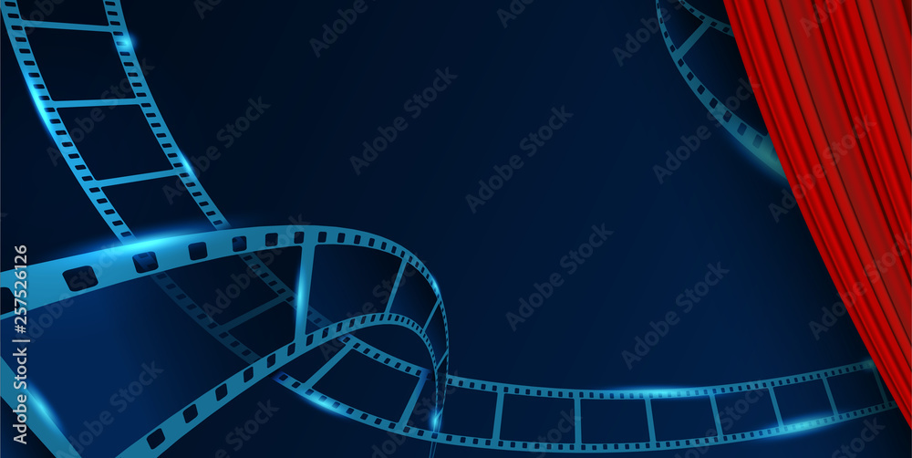 Film strip roll vector cinema background behind Red Curtain. Creative vector illustration of old film strip frame. Art design reel cinema filmstrip template. Movie time and entertainment concept.