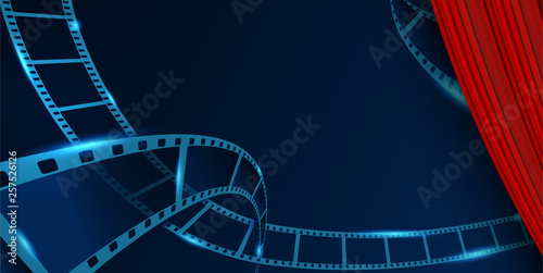 Film strip roll vector cinema background behind Red Curtain. Creative vector illustration of old film strip frame. Art design reel cinema filmstrip template. Movie time and entertainment concept.