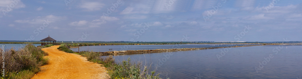 Landscape of the Las Marismas Del Odiel - the natural area where wild flamingos flock occur for whole year, Andalucia, Spain