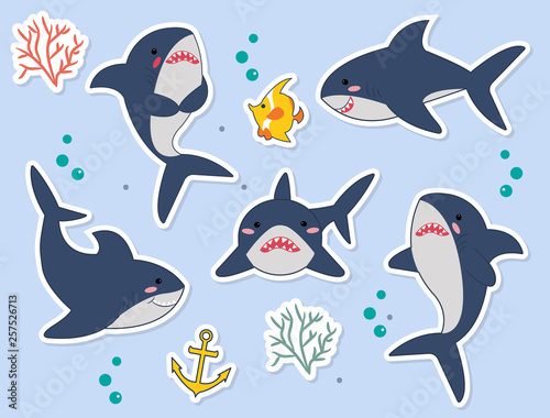 Ideal for stickers, pins or patches. Funny sharks catoon characters with fish, seaplant, bubbles in vector