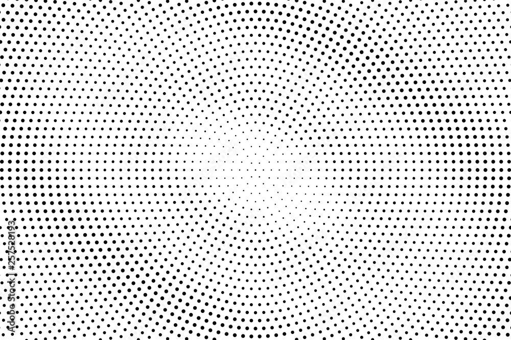 Black and white halftone vector background. Diagonal gradient on centered dotwork texture. Round dotted halftone.