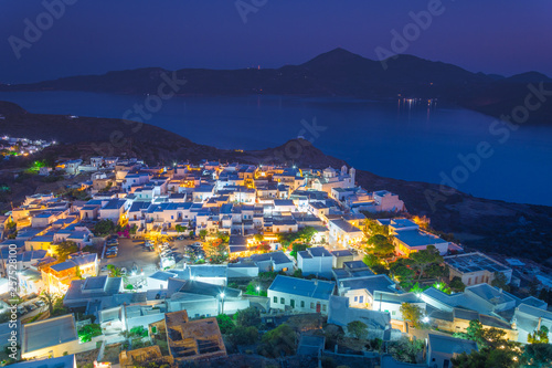 Plaka village view at night frpm above, Milos island, Cyclades, Greece