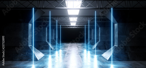 Fototapeta Naklejka Na Ścianę i Meble -  Laser Futuristic Retro Neon Glowing Line Shaped Blue Vibrant Spaceship Club Stage Construction Metal Grunge Concrete Reflective Tunnel Corridor Studio Club 3D Rendering