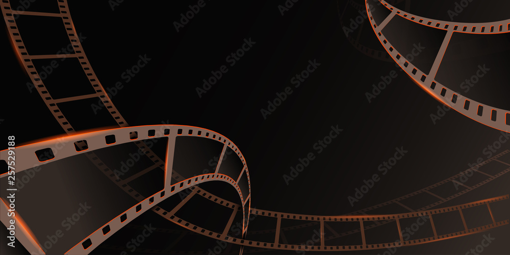 Old cinema background. Vector illustration with film strip. 3d isometric style. Design element template cinema festival banner or backdrop, brochure, poster,tickets, leaflet with movie projector