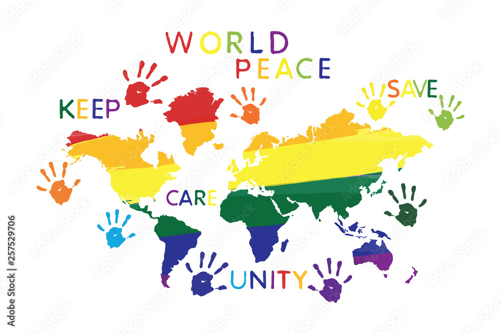 World map rainbow shapes in bright colors. Peace, unity, care concept, prints colorful words on