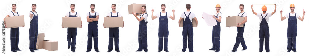panoramic collage of skilled handyman isolated on white panoramic collage of skilled handyman isolated on white