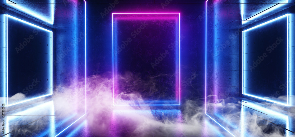 Fototapeta Smoke Fog Steam Rectangle Shaped Neon Sci Fi Futuristic Club Dance Stage Neon Laser Abstract Empty Dark Grunge Concrete Ashpalt Virtual Reality Purple Blue Ultraviolet Glow 3D Rendering