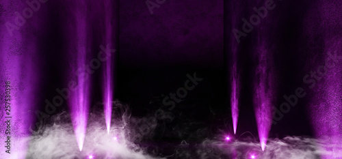 Smoke Steam Fog Huge Long Dark Empty Gallery Room Garage Neon Glowing Purple Spot Lights Rough Grunge Concrete Walls Floor Gate Show Sci Fi Modern Elegant 3D Rendering