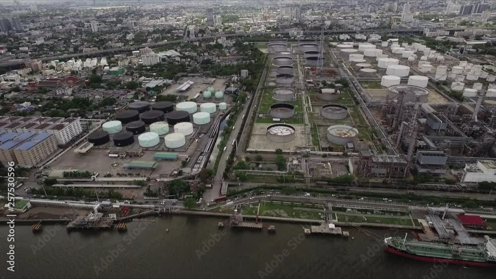 Aerial View of oil refinery or petroleum refinery industrial processing plant and petroleum products storage plants Aerial View of oil refinery or petroleum refinery industrial processing plant and petroleum products storage plants