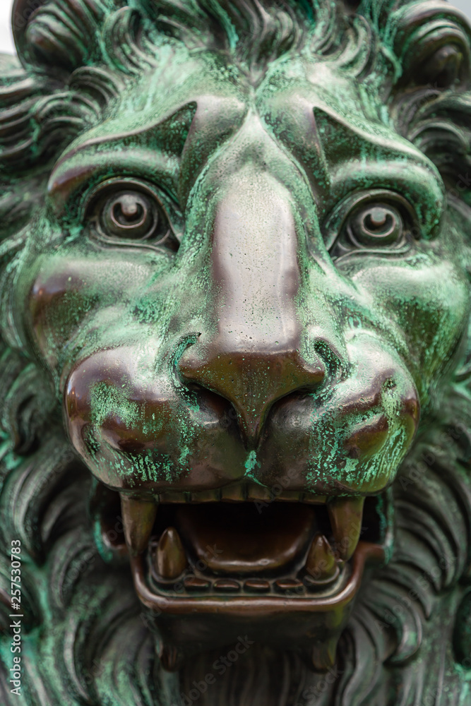 Close up of the head of a bronze sculpture of lion