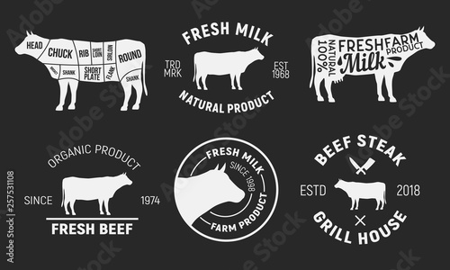 Set of Cow and Beef logos. Cow silhouettes isolated on black background. Cow meat cuts diagram. Vector emblems
