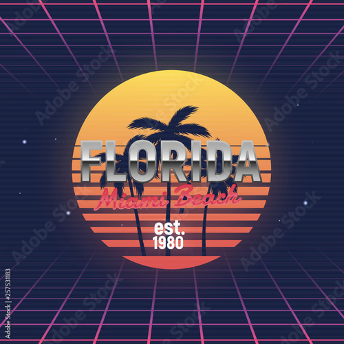 Florida retro futuristic glow logo. 80's style Beach palm and retro sun. Vector Print for T-shirt, typography. 