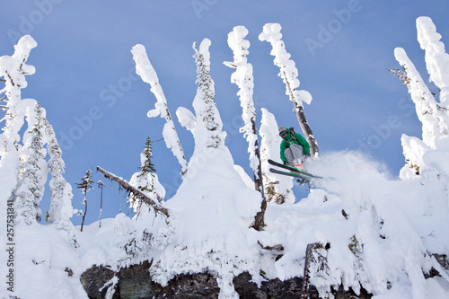 Skier jumping off cliff among snowy trees