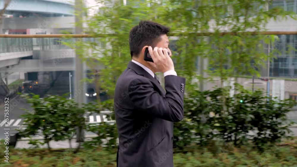 Japanese businessman talking on a cell phone. Japanese businessman talking on a cell phone.