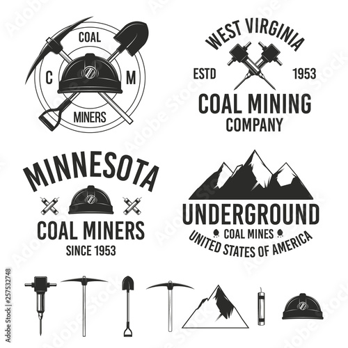 Set of vintage coal mining logo templates.  7 design elements for mining emblems, labels, badges. Vector illustration
