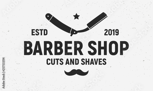 Trendy Barber shop logo, label. Barber shop logo with barber razor. Vintage poster. Retro design. Vector template.