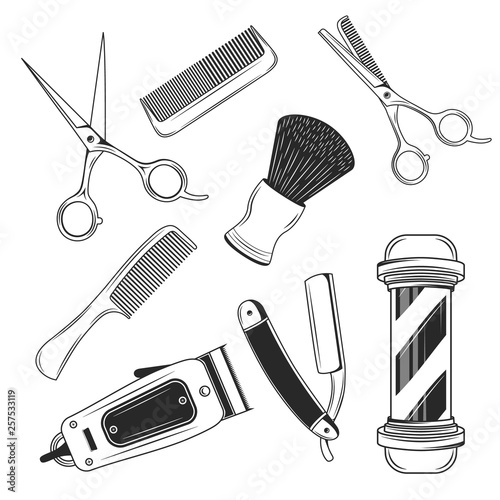 Vintage barber shop set items. Barbershop  design elements. Barber pole, Razor blade, hair clipper, scissors, comb, straight razor. Vector retro barber elements isolated on white background