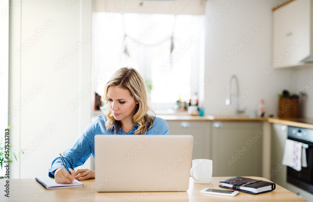 Woman with laptop working at home, taking notes Woman with laptop working at home, taking notes